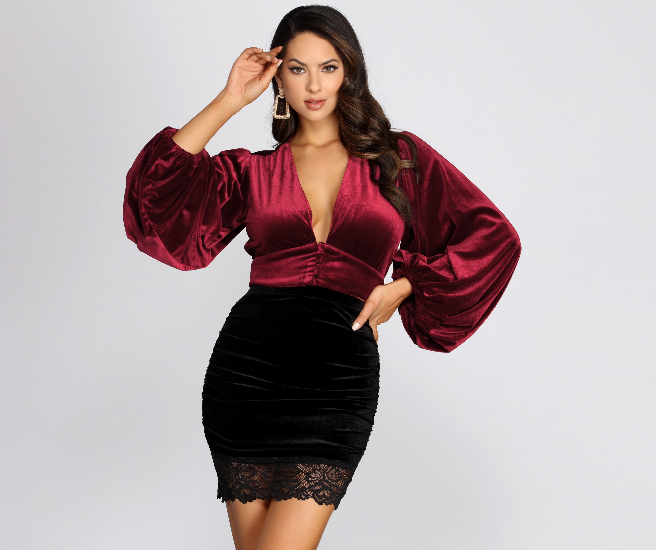 Balloon Sleeve Velvet Crop Top - Image 7