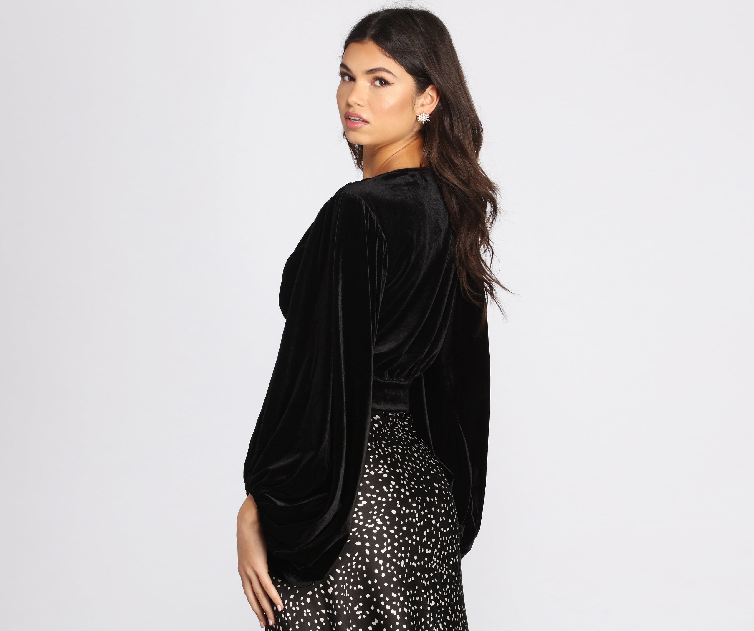 Balloon Sleeve Velvet Crop Top - Image 2
