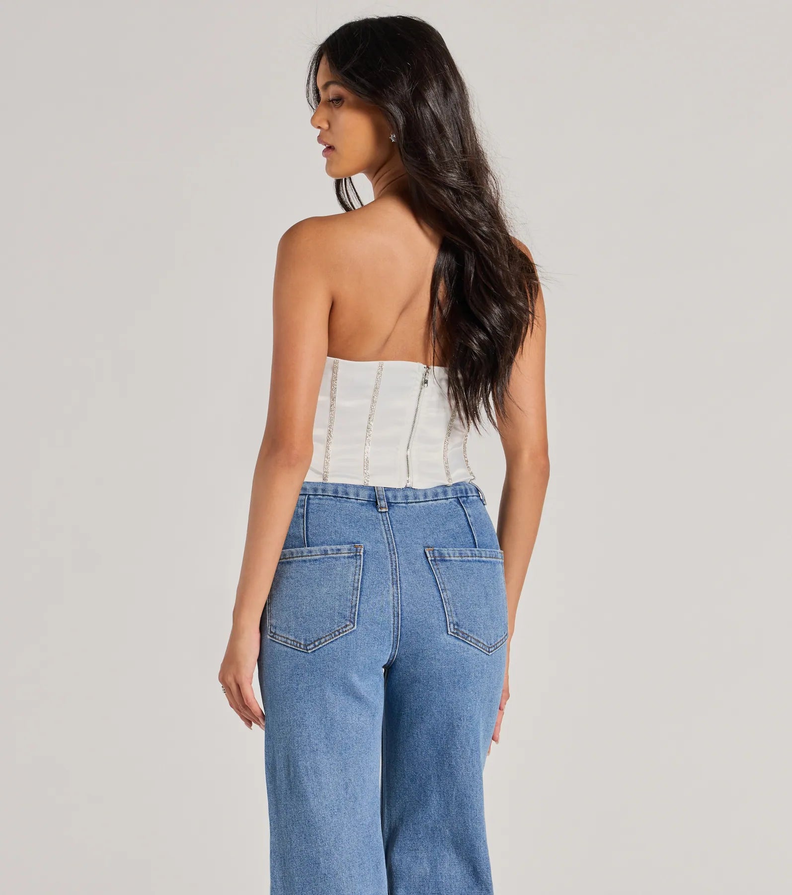 Glitz It Up Rhinestone Trim Satin Strapless Corset Top - Image 2