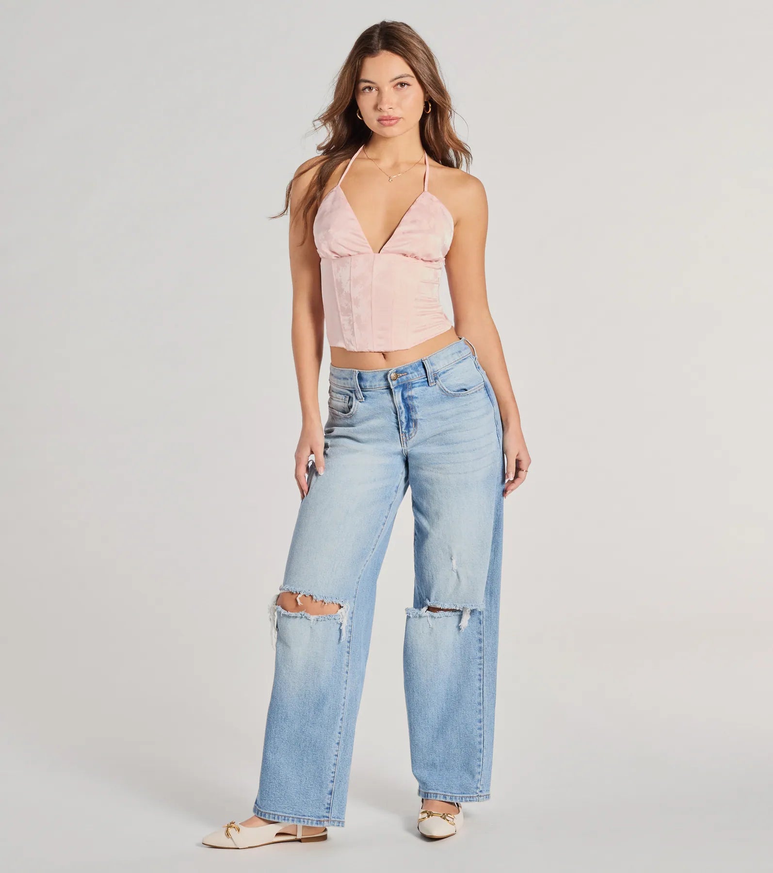 All The Feels Halter Lace-Up Floral Satin Corset Top - Image 3