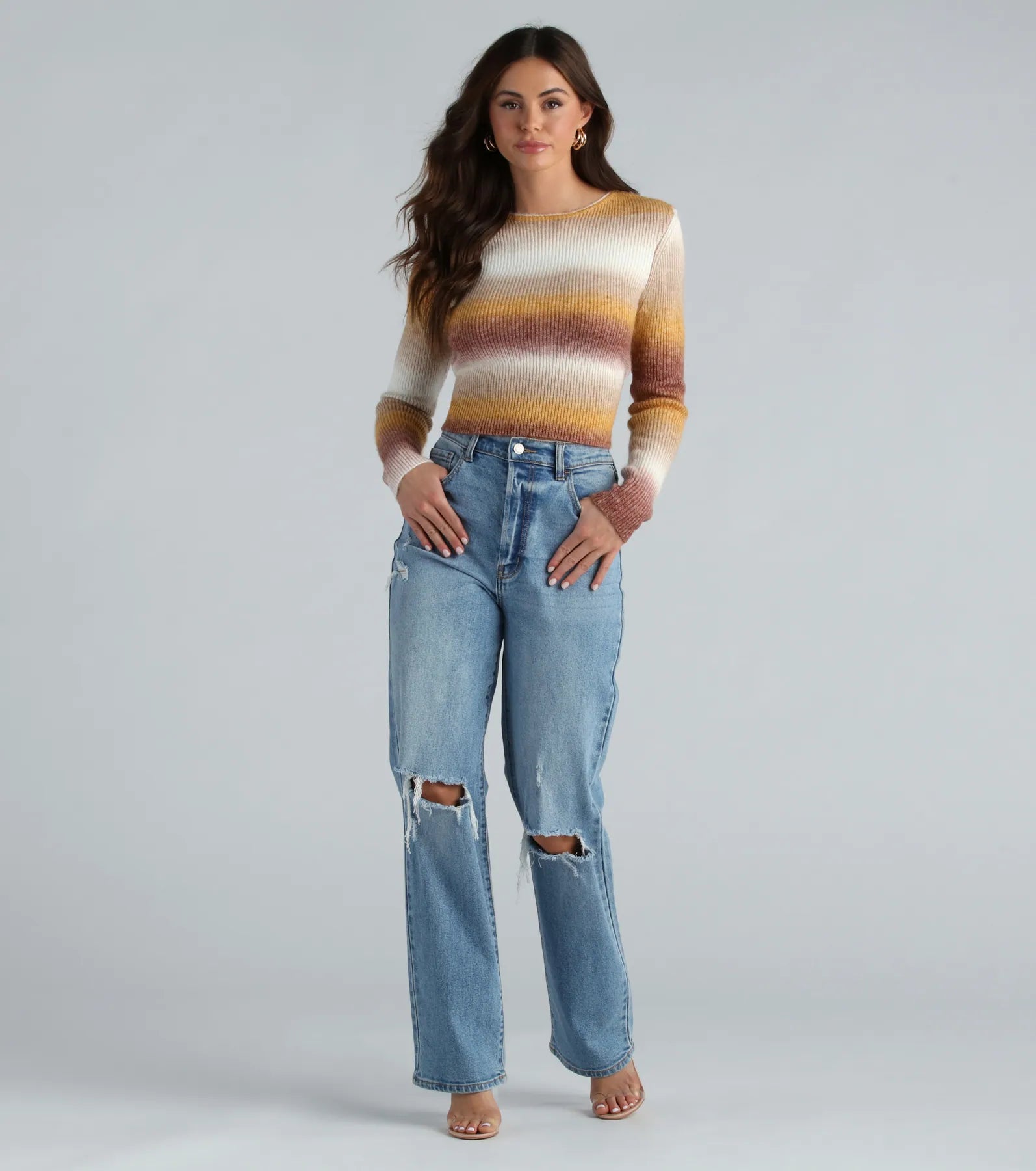 Sunset Ombre Stripe Tie Back Crop Sweater - Image 4