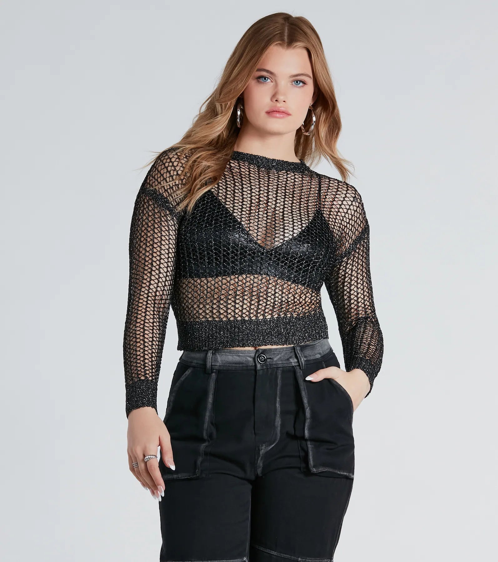 Luxurious Twist Fishnet Sweater With Bralette - Image 5