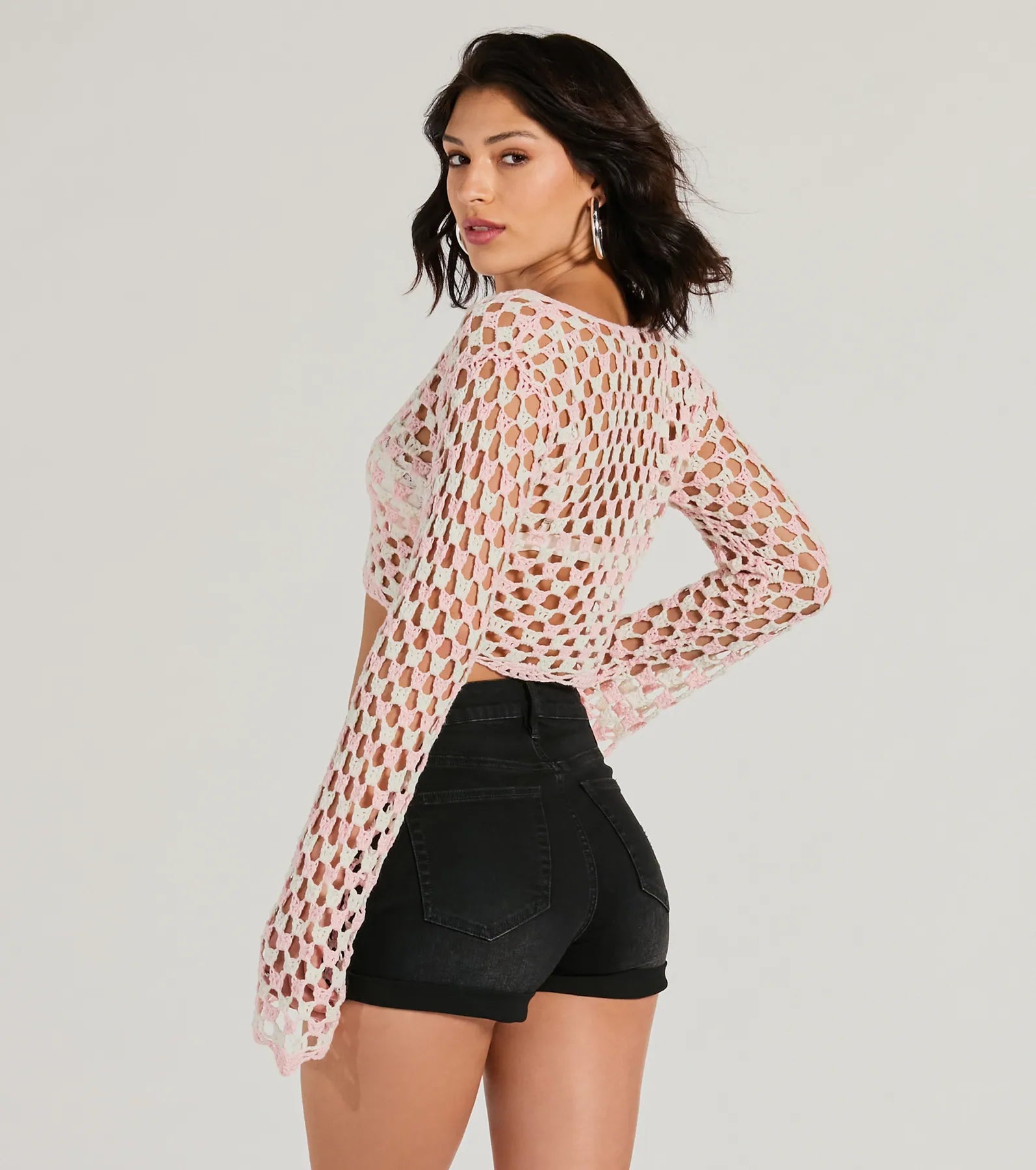 Total Trend Long Sleeve Checker Crochet Sweater - Image 2