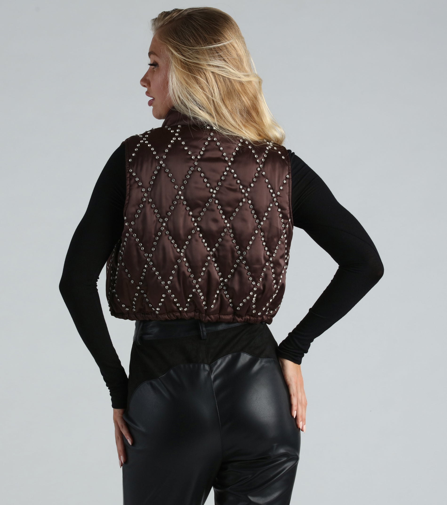 Winter Glamour Satin Rhinestone Puffer Vest - Image 6