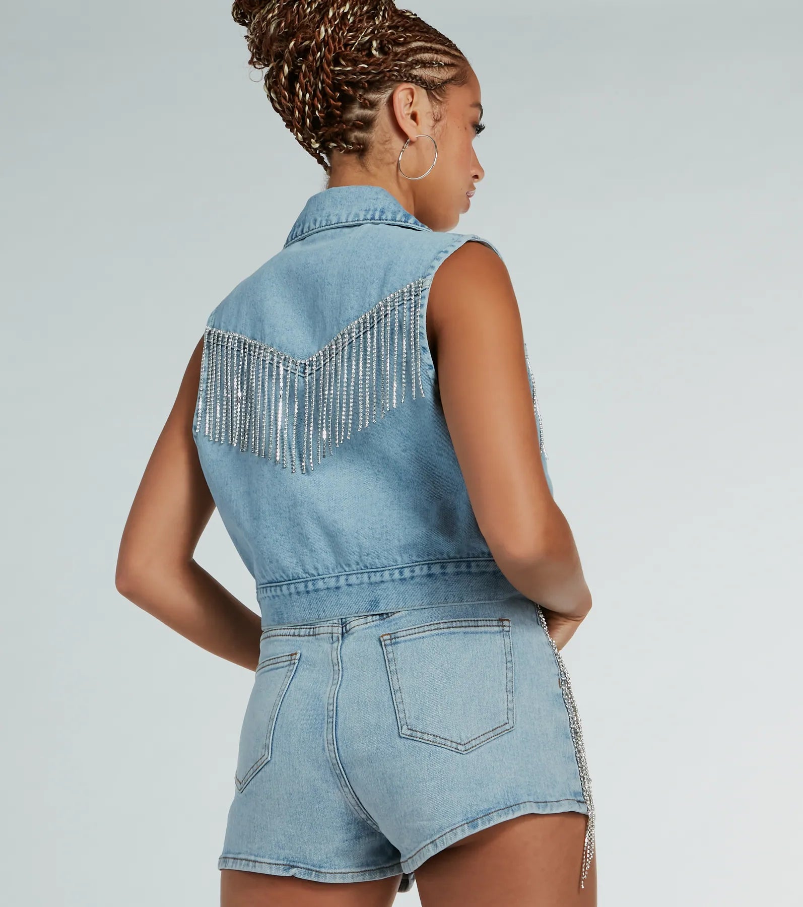 Country Glamour Rhinestone Fringe Denim Vest - Image 2
