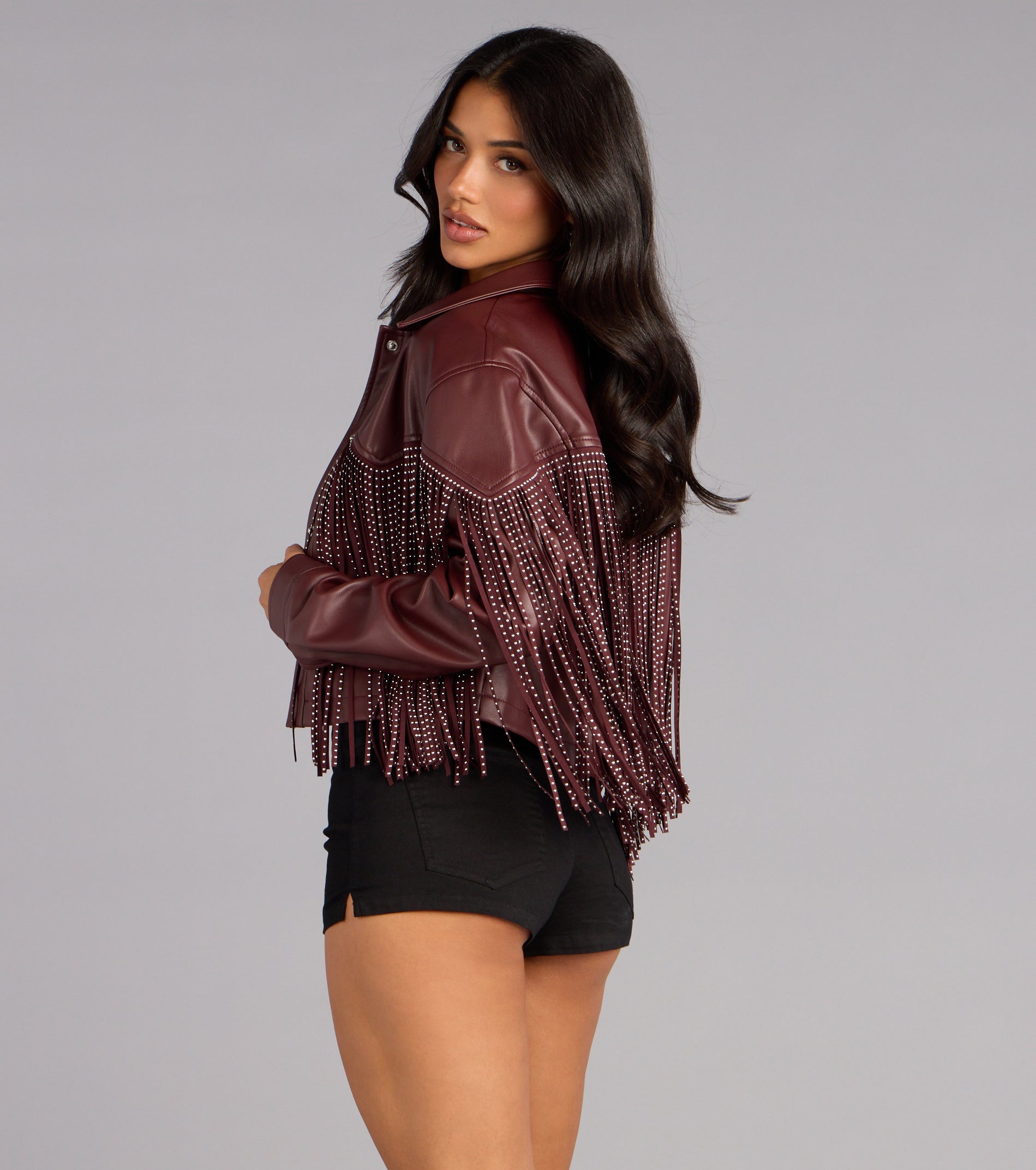 Cause A Scene Stud Fringe Faux Leather Shacket - Image 2