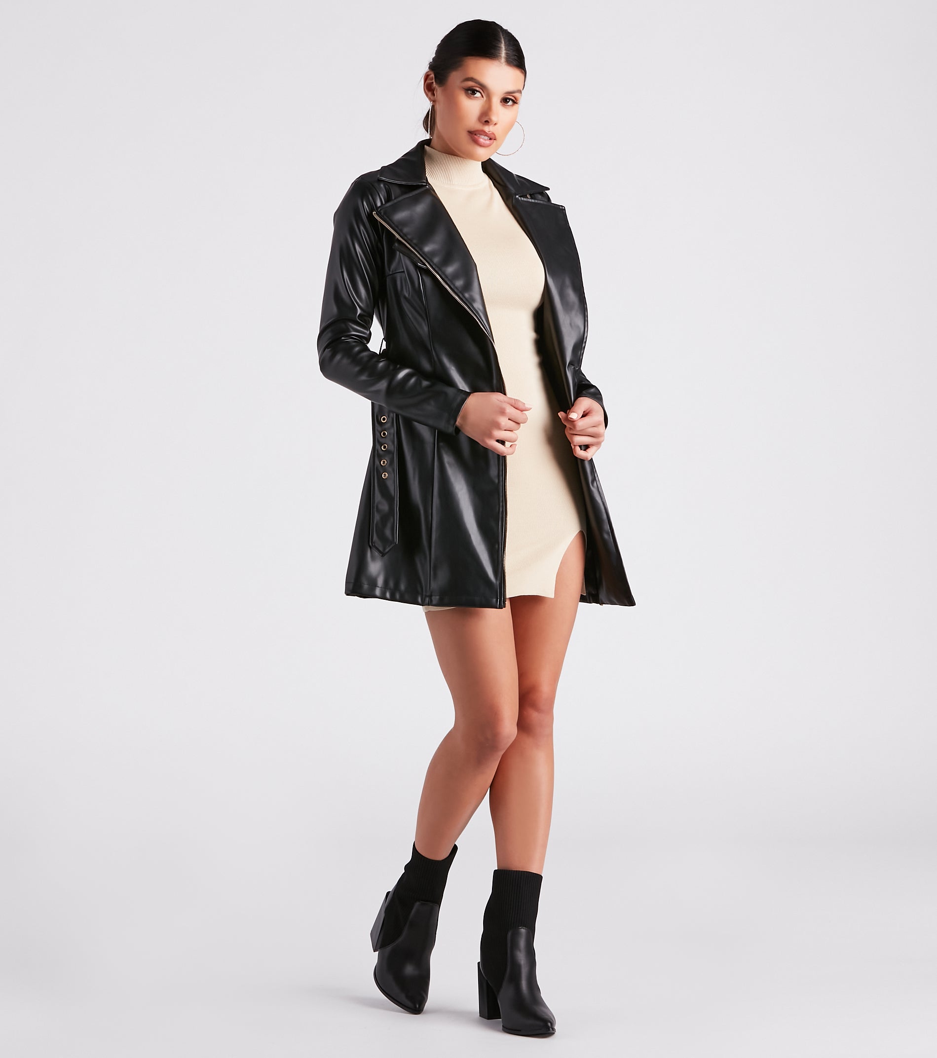 Cinched And Chic Faux Leather Trench Coat - Image 4