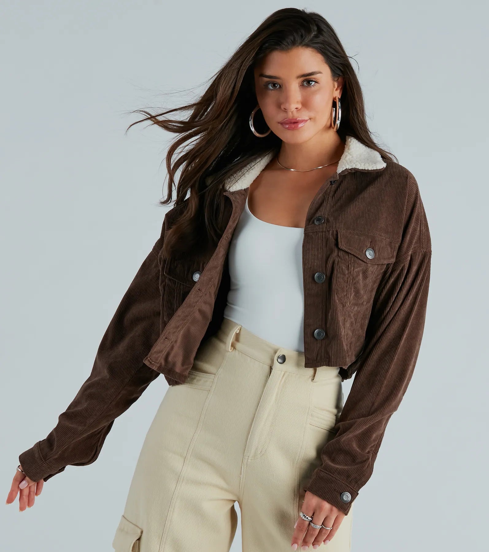 My Lane Corduroy Faux Sherpa Collar Crop Jacket - Image 3