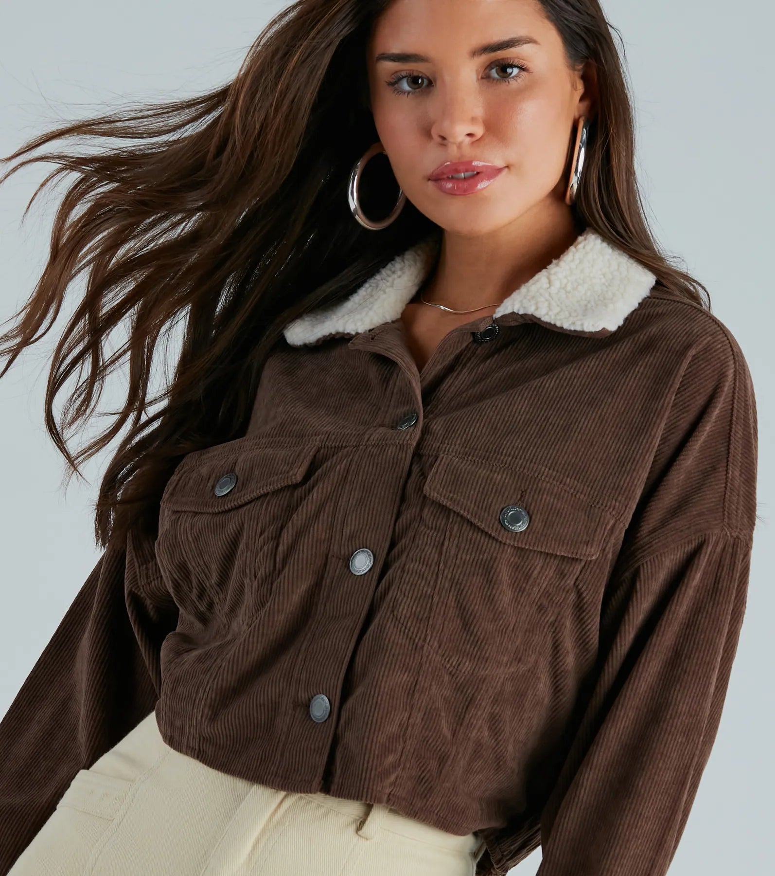 My Lane Corduroy Faux Sherpa Collar Crop Jacket - Image 4