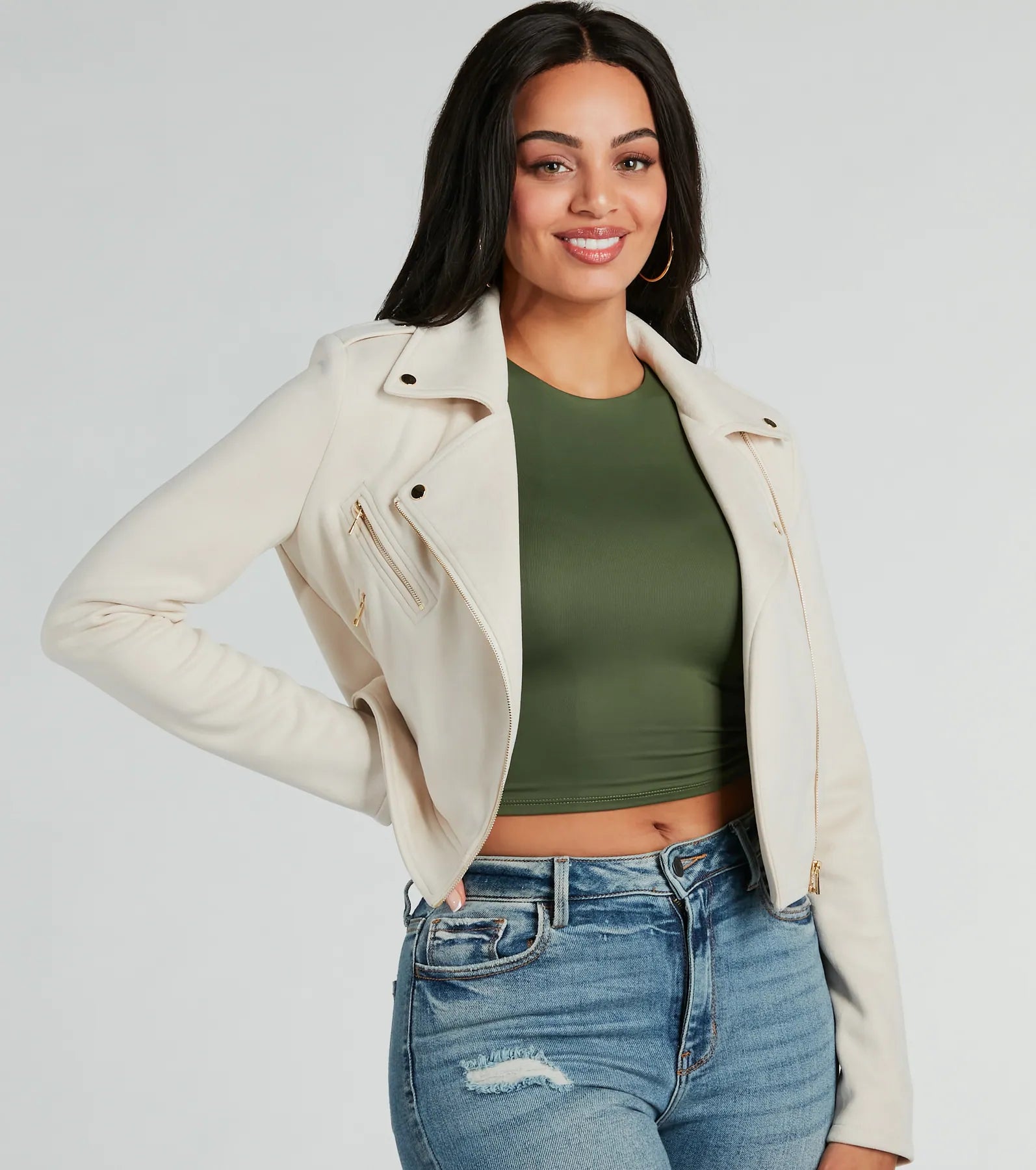 Stylish Impression Faux Suede Moto Jacket - Image 9