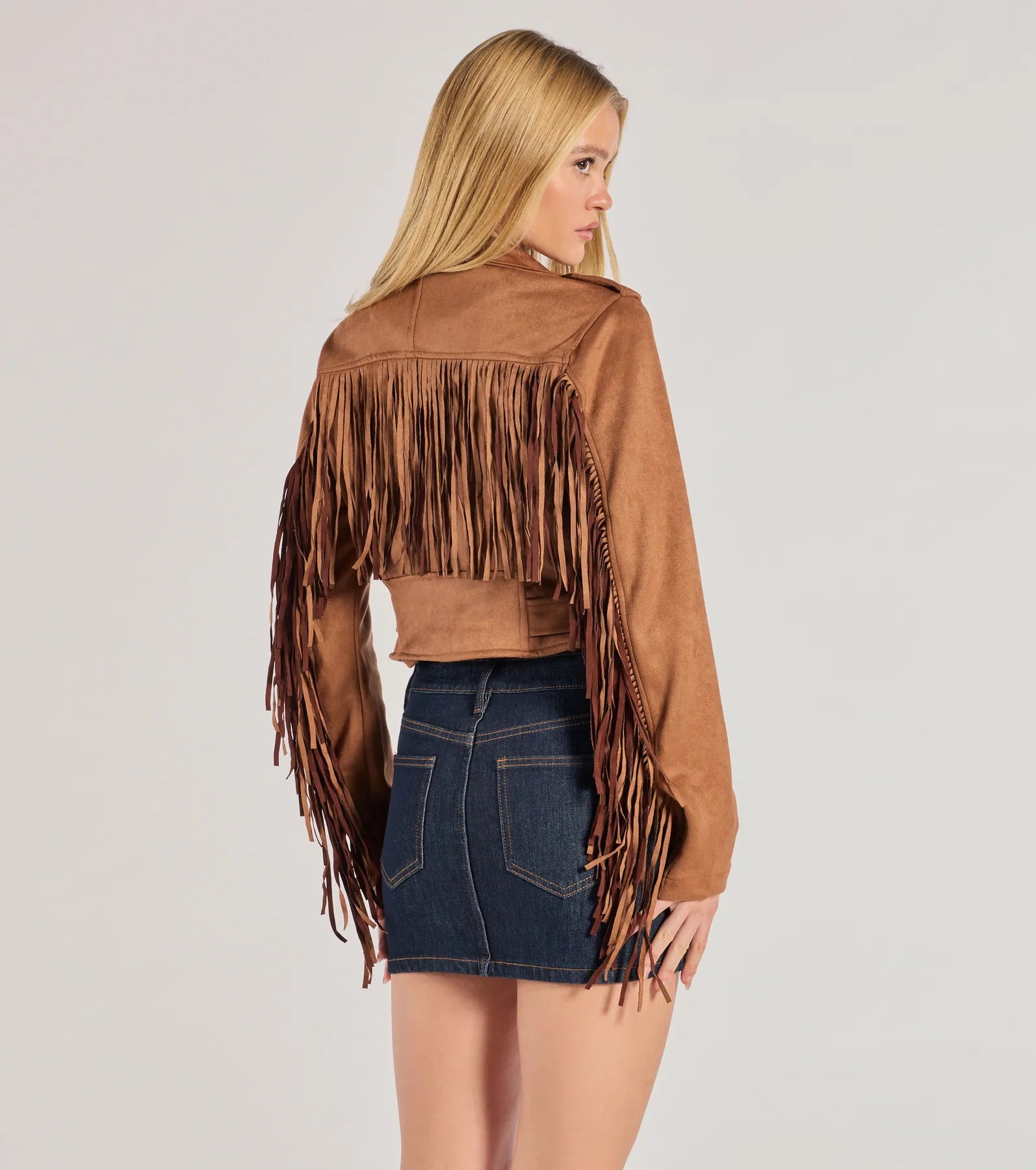 Western Chic Flair Faux Suede Fringe Moto Jacket - Image 2