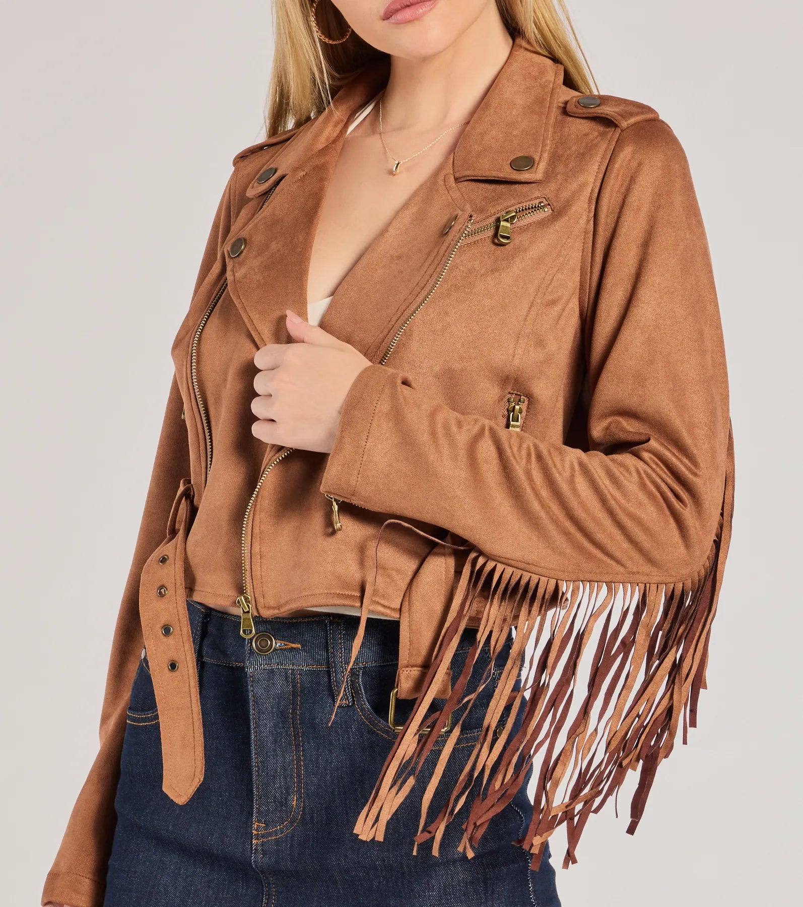 Western Chic Flair Faux Suede Fringe Moto Jacket - Image 4