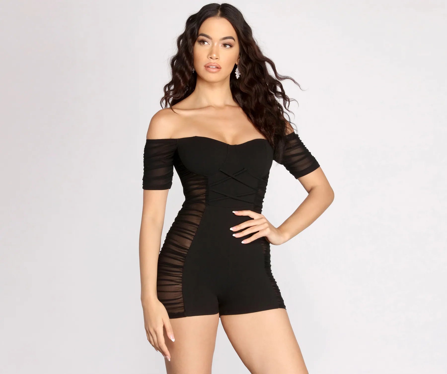 Ruched Rebel Off Shoulder Romper - Image 3