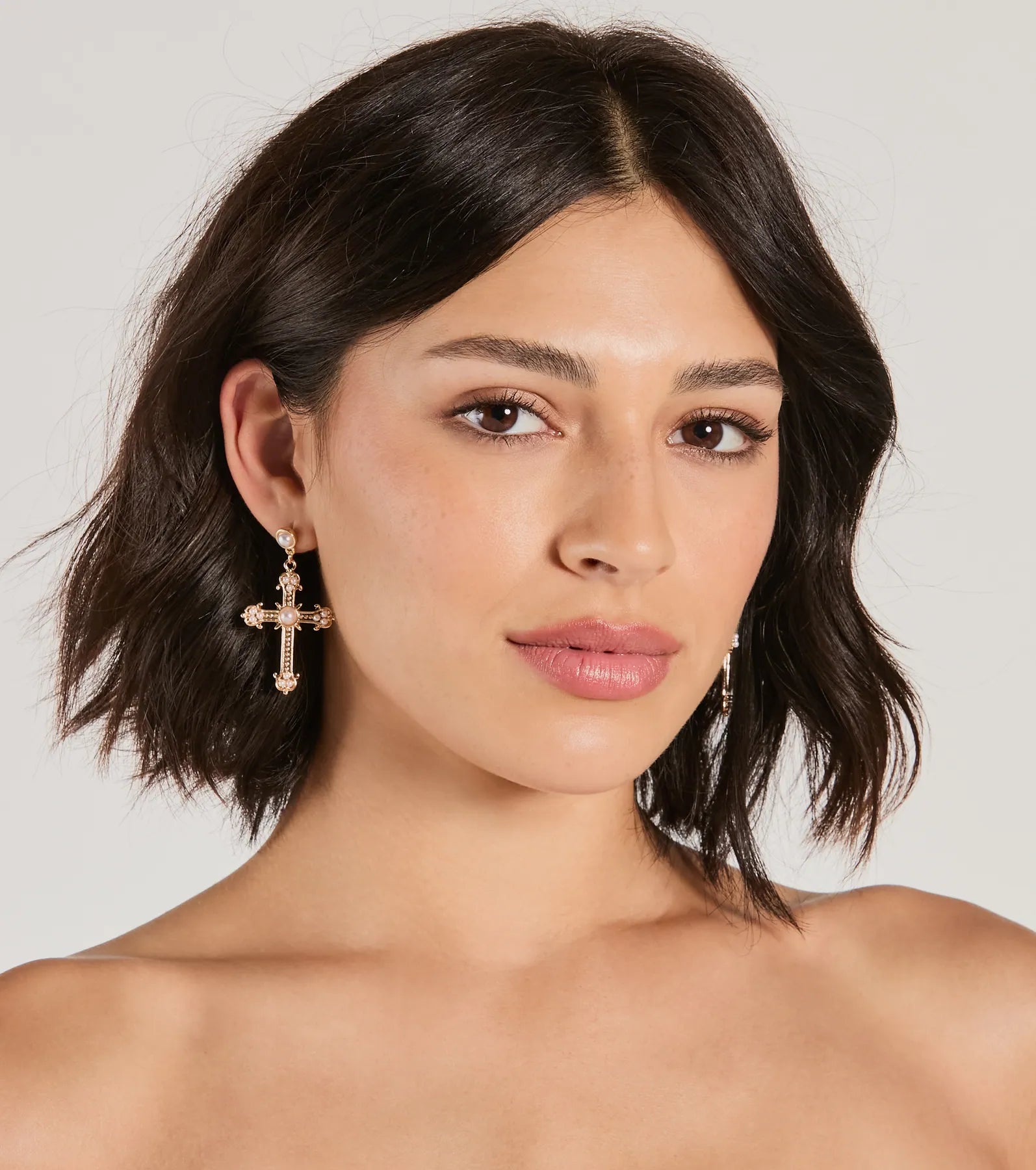 Blessed All Day Faux Pearl Cross Earrings - Image 2