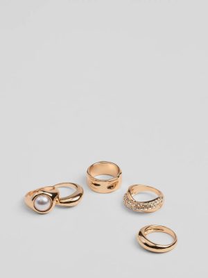 Stylish Stack Chunky Rhinestone And Pearl Ring Set