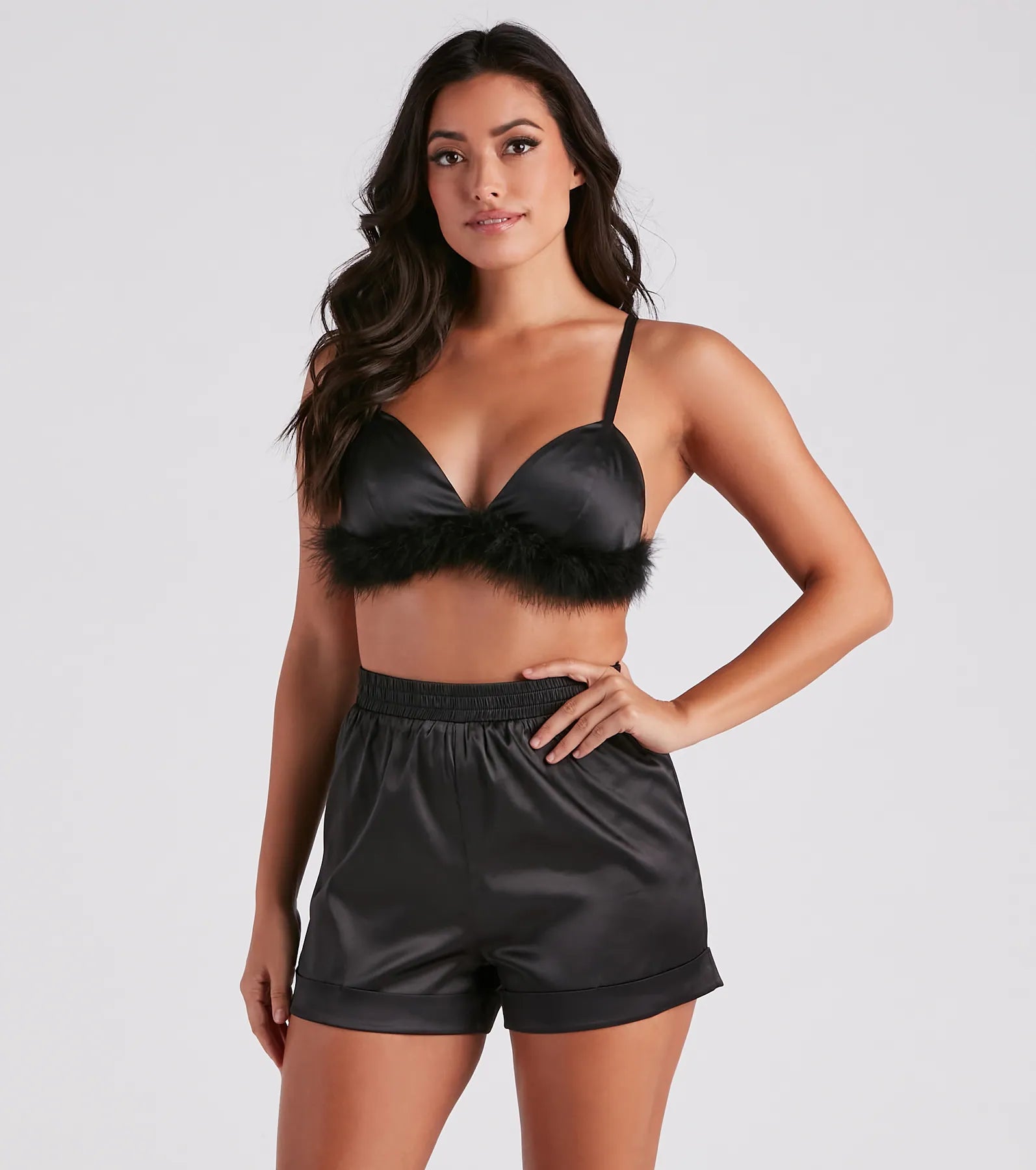 Flirtatious Satin Feather Trim Pajama Set - Image 4