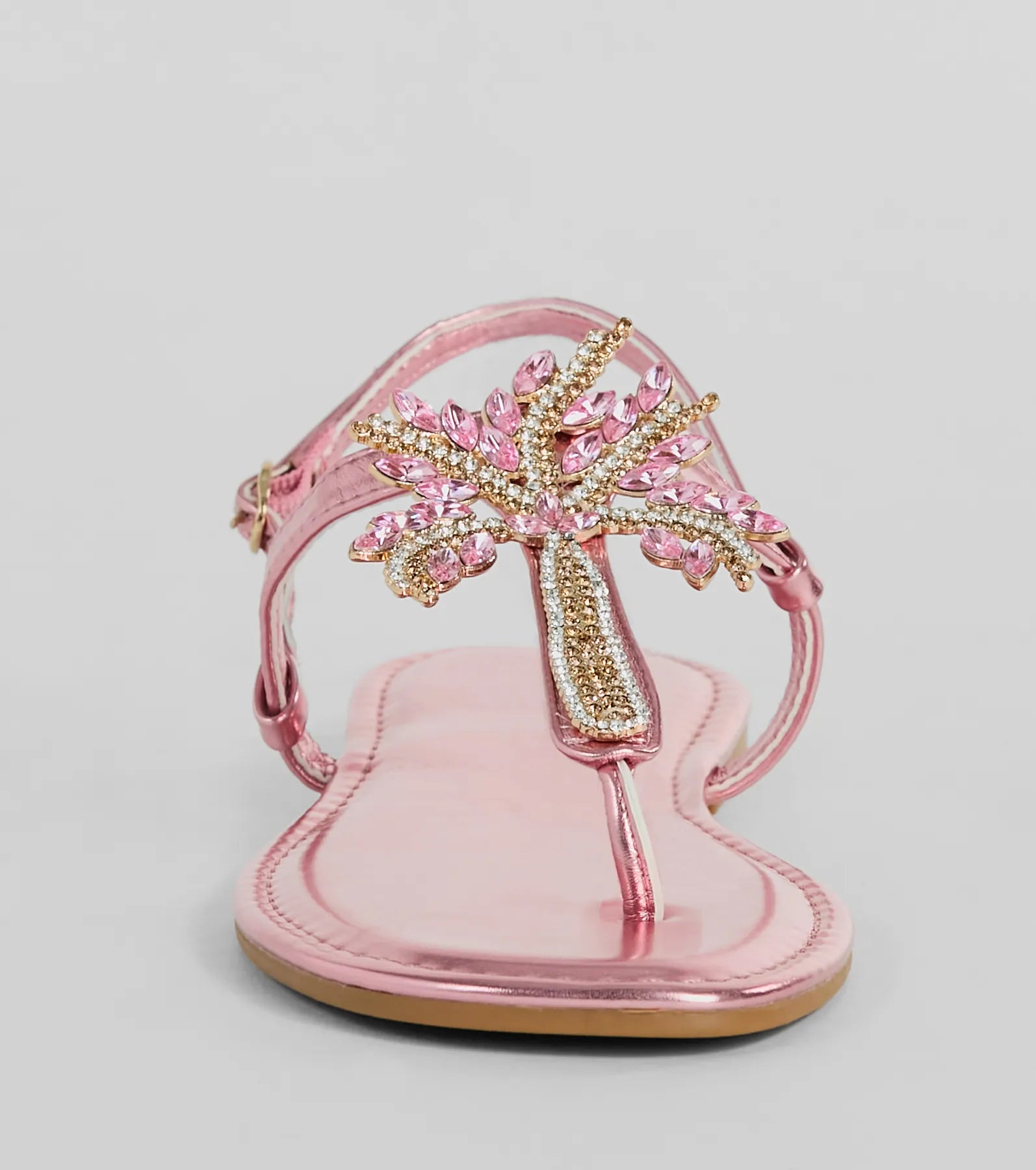 Beachy Glam Rhinestone Palm Tree Metallic Sandals - Image 3